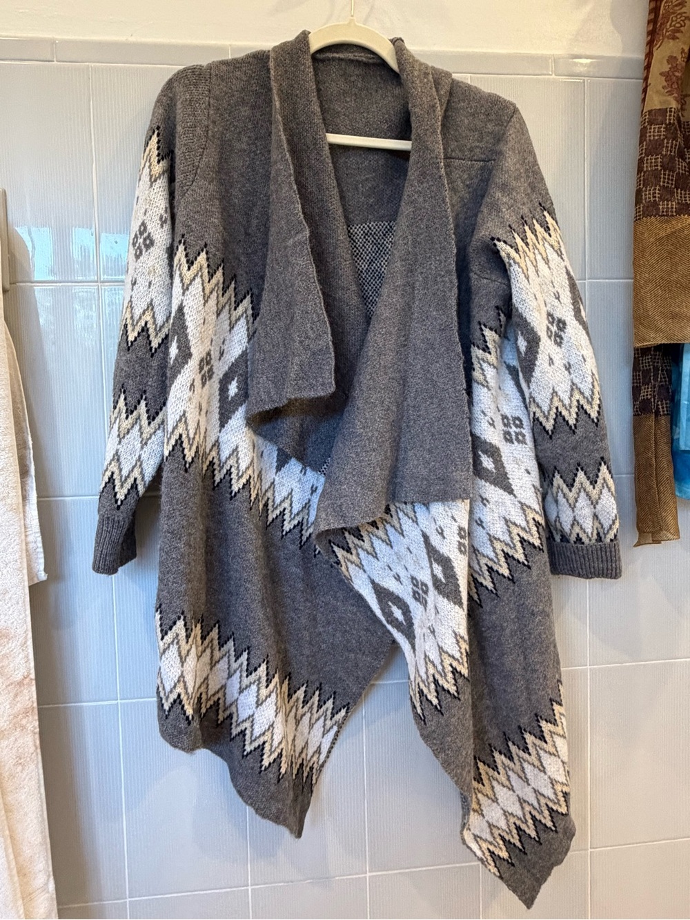 Cozy Open-Front Grey Aztec Knit Cardigan Duster